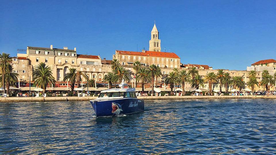 Blue Shark Colnago boat in the port of the town Split