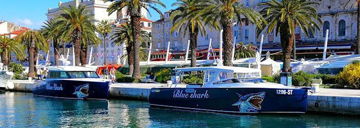 Blue Shark boats on promenade in Split